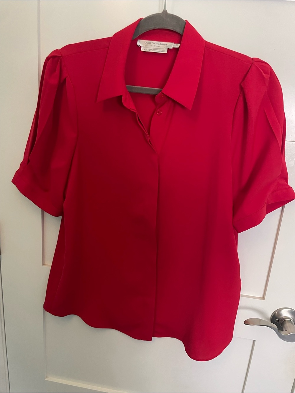 Simons Bright Red Puff-Sleeve Button-Front Blouse